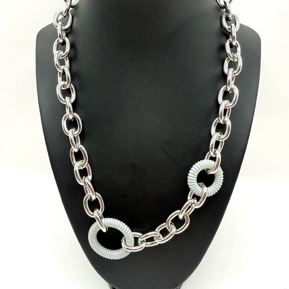 Thalia Sodi Chunky Silver Tone 17.5" Chain Statement Necklace w/ Gray‎ Enamel